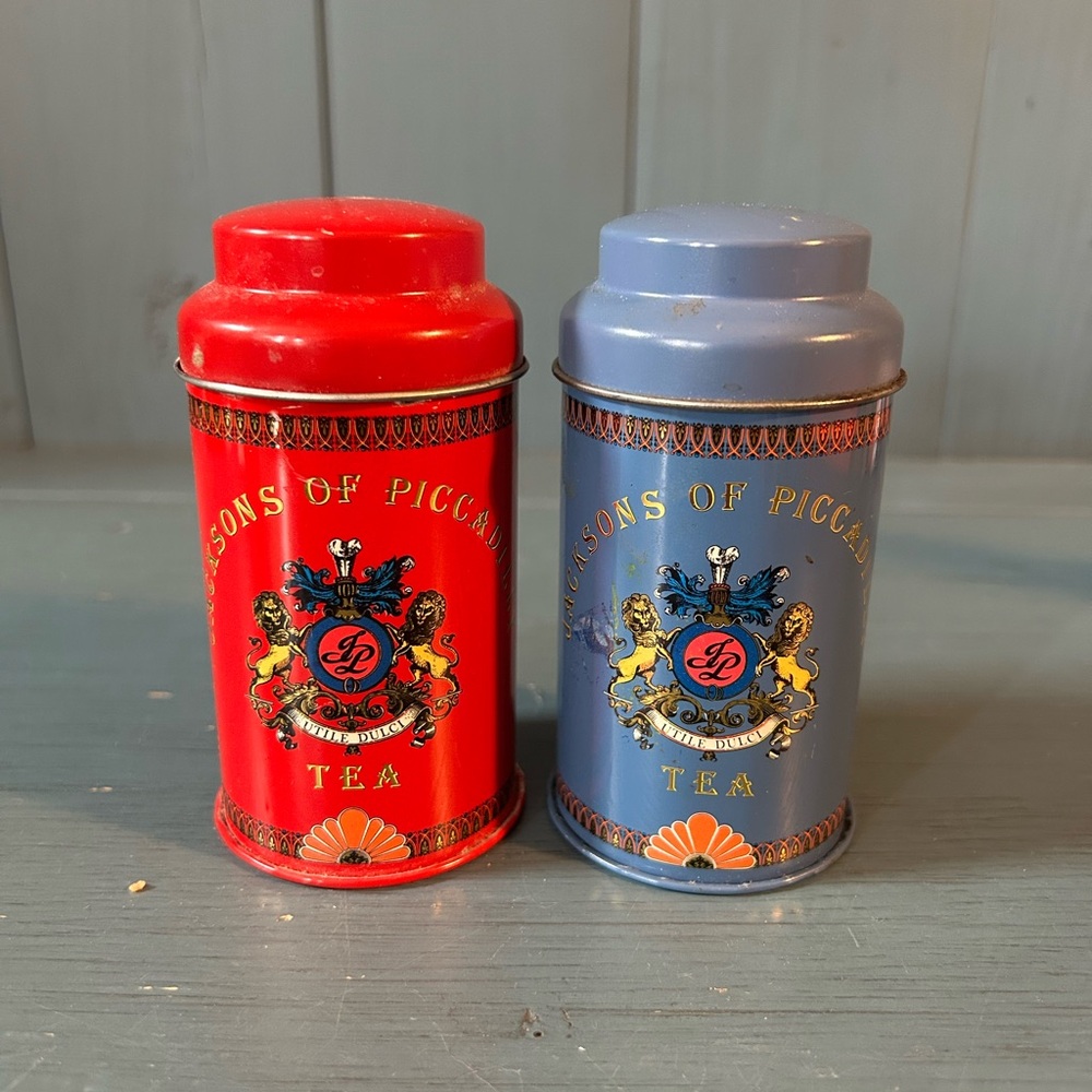 2 Empty Jacksons of Piccadilly Breakfast Tea Tin London England (Red & Blue)